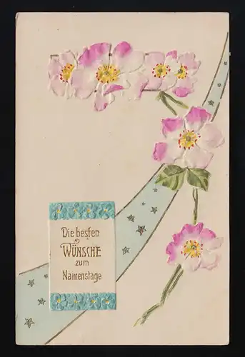 rosa weiße Blüten Band mit Sternen, Beste Wünsche Namenstag, Oberlauda 14.9.1907