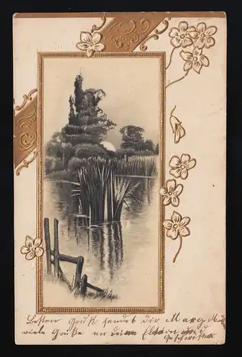 Teich See Radierung Gold Ornamente Blüten, Coblenz / Zeltingen 1.11.1902