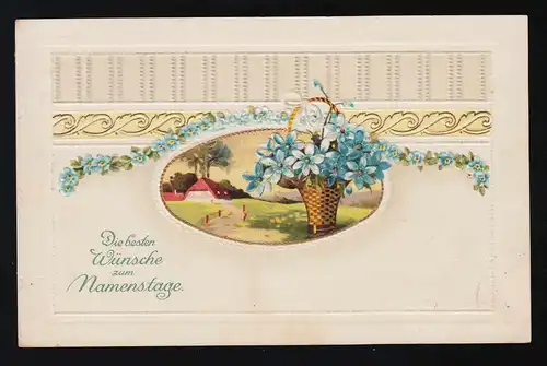 Korb Vergissmeinnicht, Dorf Ornamente Wünsche Namenstag, Heimertingen 3.7.1919
