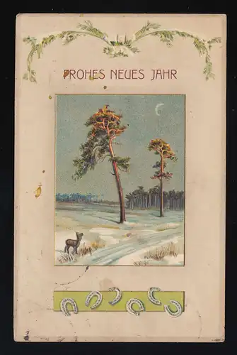 Hiver nuit Lune champ neige Rehkitz, Bonne année, Osnabrück 31.12.1912