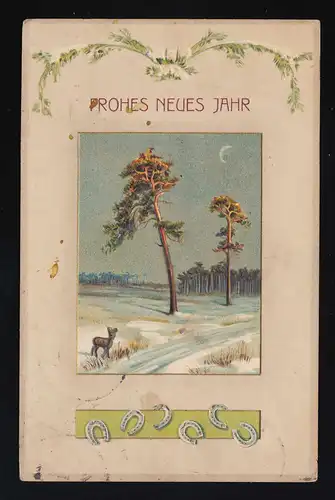 Winter Nacht Mond Feld Schnee Rehkitz, Frohes neues Jahr, Osnabrück 31.12.1912