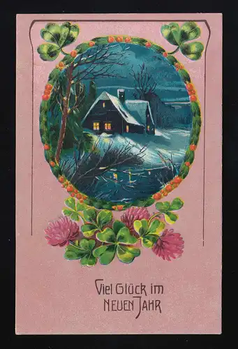 Haus Teich Winternacht, Klee, Viel Glück im neuen Jahr Neustadtgödens 31.12.1912