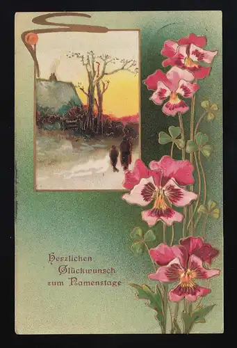 Dorf Idylle im Winter, Blüten Klee, Glückwunsch Namenstag Düsseldorf 14.7.1908