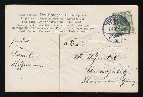 Tulipes roses chaton de pâture sign. EJ Félicitations anniversaire Brunswick 7.4.1907