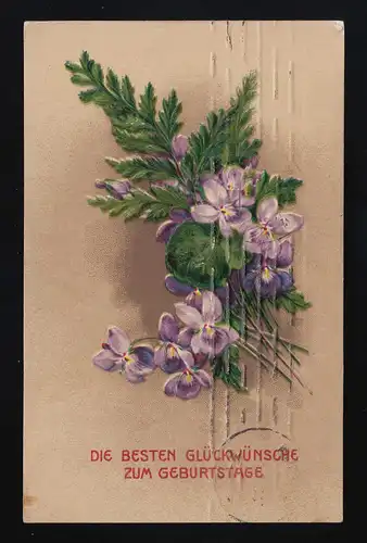 Veilchen Viola mit Farn Kraut Strauß, Glückwünsche Geburtstag, Neukölln 2.7.1915