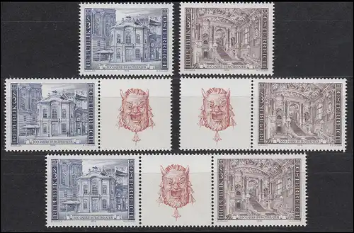 1507-1508 Block 3 Burgtheater Wien avec 3 ZD et 2 timbres individuels, set **