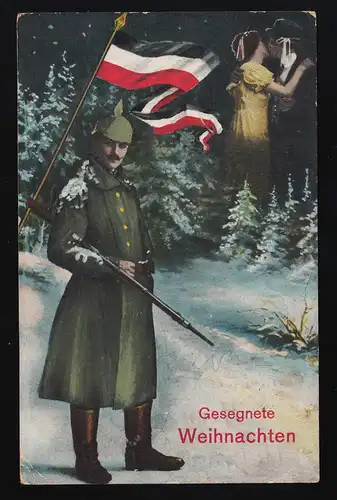 Gesegnete Weihnachten, Soldat Schnee Uniform Gewehr Reichsflagge Cöln 23.12.1915