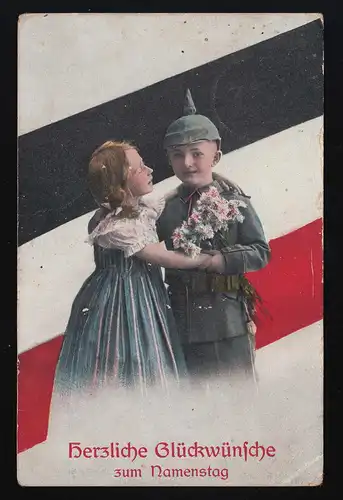 Fille embrasse garçons uniforme drapeau de Reich Félicitations Noms, Nouveau 16.8.1917