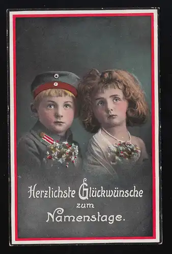 Jeune fille uniforme bouquets de fleurs couleurs riches Félicitations nom 18.6.1917