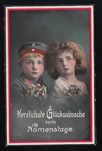 Junge Mädchen Uniform Blumensträuße Reichsfarben Glückwunsch Namenstag 18.6.1917