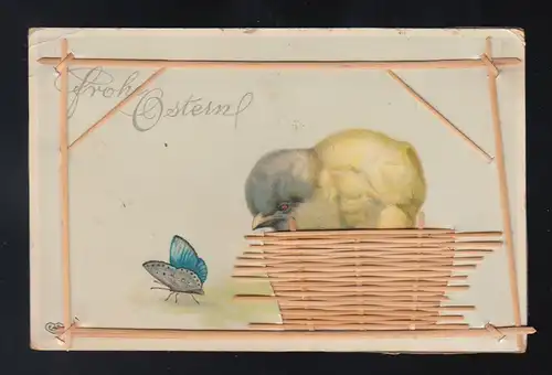 Frohe Ostern, Küken im Korb und Schmetterling Weide flechten, Morsain 24.5.1916