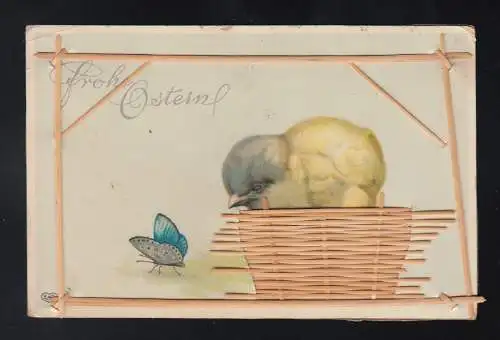 Frohe Ostern, Küken im Korb und Schmetterling Weide flechten, Morsain 24.5.1916