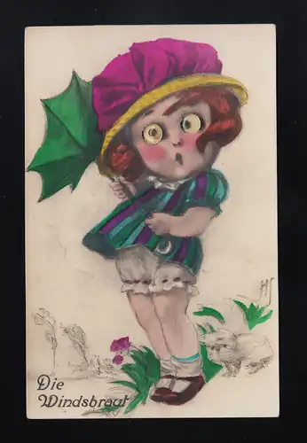 Die Windsbraut Schirm Kleid wird hoch geweht Hund bewegliche Augen Ulm 19.4.1928