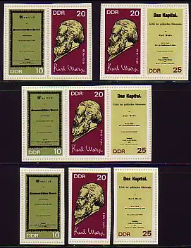 1365-1367B aus Block 27 ungezähnt Karl Marx - 3 ZD und 3 Ezm, Set **