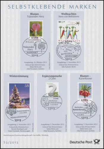 ETB S2/2013 SELBSTKLEBENDE Ischtar-Tor, Glücksburg, Kaiserkrone, Weihnachten etc