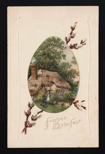 Reetdach Bauernhaus Frau Idylle Weidenkätzchen Frohes Ostern Oberursel 10.4.1900