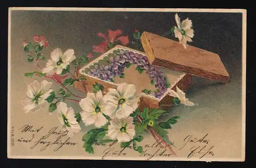 Schachtel aus Holz Herz aus Veilchen Blumen Rot weiß Blüten, Kittlitz 20.1.1908