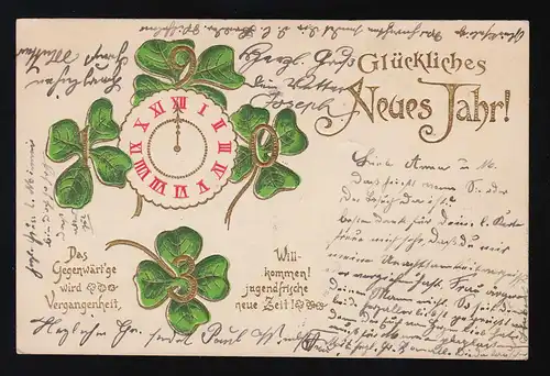 1903 Or chiffres Trèfle Horloge Nouvel An, Montjoie/ Bruxelles 25.12.1902