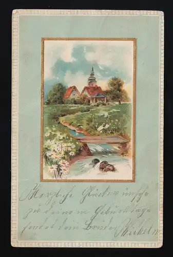 Dorf Idylle Bach Brücke Kirche Wiesen Margeriten, Borgholzhausen 3.2.1905