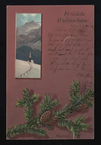 Kirche Schnee Alpen, sign. Mailick Tannenreisig Zapfen Bruxelles 24.12.1906