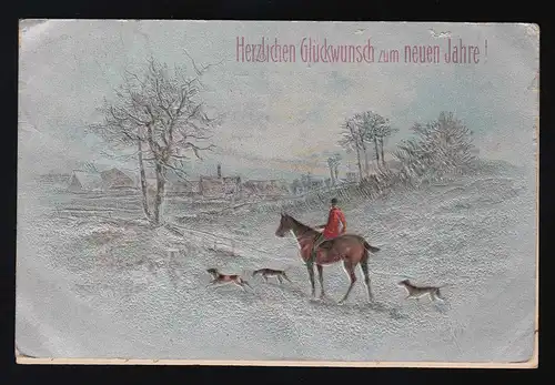Chasse aux chevaux Chiens de chasse Hiver paysage Félicitations nouvelle année, 31.12.1908