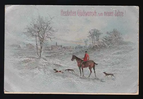 Jagd zu Pferde Jagdhunde Winter Landschaft Glückwunsch neues Jahr, 31.12.1908