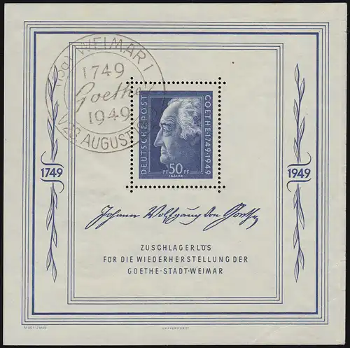 Bloc 6 Goethe 1949 avec cachet spécial Weimar 28.8.1949, bords à droite