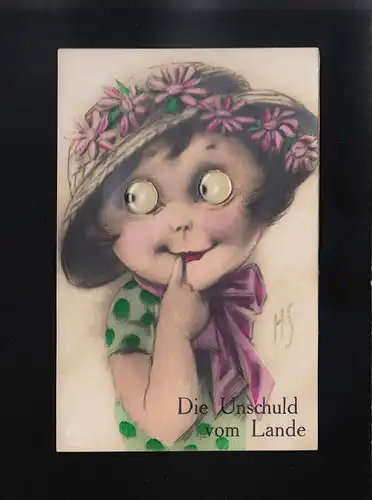 Die Unschuld vom Lande, Mädchen Hut Blumen, bewegliche Augen, beschriftet