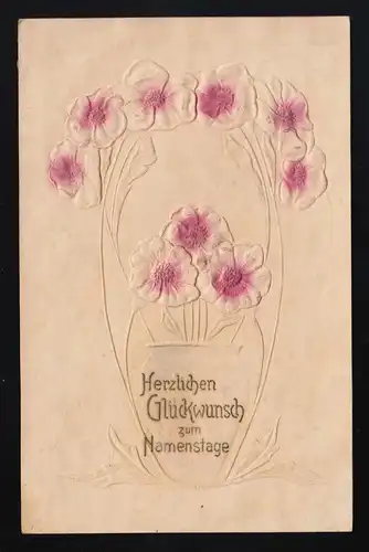 stilisierte Vase mit rosa Blüten, Glückwunsch zum Namenstag, Gangkofen 25.7.1907