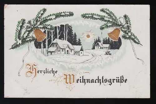 Glocken Reisig Eis Schnee Dorf Herzliche Weihnachtsgrüße, Kitzingen 22.12.1919