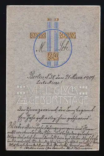Initialen Gold Ornamente Linien Grafik Glück zum Geburtstag Berlin 21.3.1907