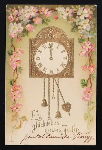 Goldene Uhr Pendel Mitternacht Blüten, Glückliches neues Jahr, Berlin 31.12.1903