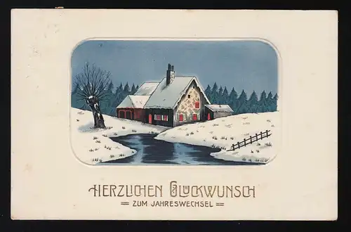 Winter Schnee Haus am Fluss, Glückwunsch zum Jahreswechsel Vaihingen 31.12.1914 