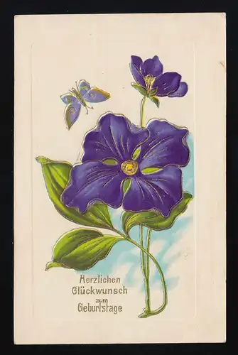 Lila Blüte blauer Schmetterling Glückwunsch Geburtstag, Hilgen 27.4.1906