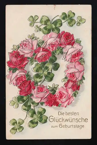 Couronne Klee avec roses roses + rouges, Félicitations anniversaire, Einsiedel 2.4.1908