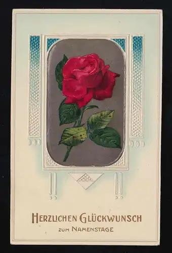 Rose rouge tige feuilles Art Déco, Félicitations Nom, Encadré 10.9.1911