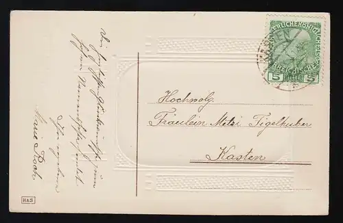 Rose rouge tige feuilles Art Déco, Félicitations Nom, Encadré 10.9.1911