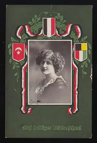 Auf baldiges Wiedersehen! Frau Portrait Kranz Flaggen Laub, M.Gladbach 1.4.1916