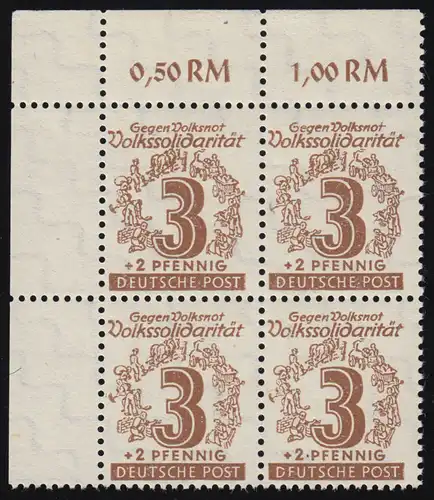 138II+VII Vokssolidarität 3 Pf ER-Viererblock oben links mit PLF II und VII, **