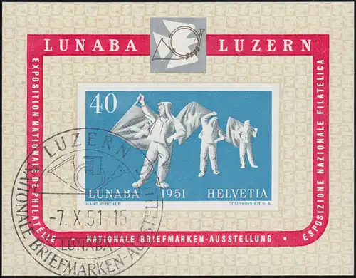 Suisse Block 14 Exposition LUNABA 1951: SSt LUZERN Posthorn 7.10.51