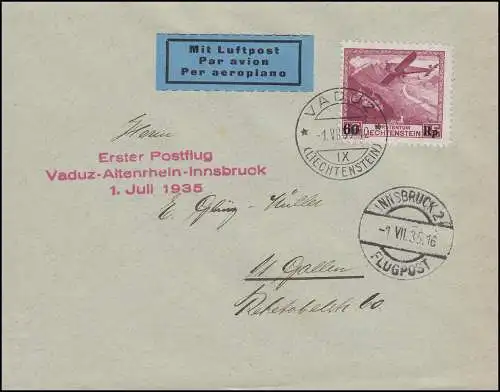 1. Postflug Vaduz-Altenrhein-Innsbruck passende EF 148 auf Brief VADUZ 1.7.1935