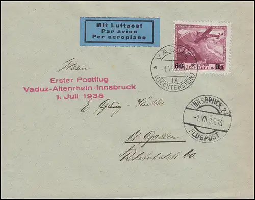 1. Vol postal Vaduz-Altenrhein-Innsbruck correspondant EF 148 sur lettre VADUZ 1.7.1935