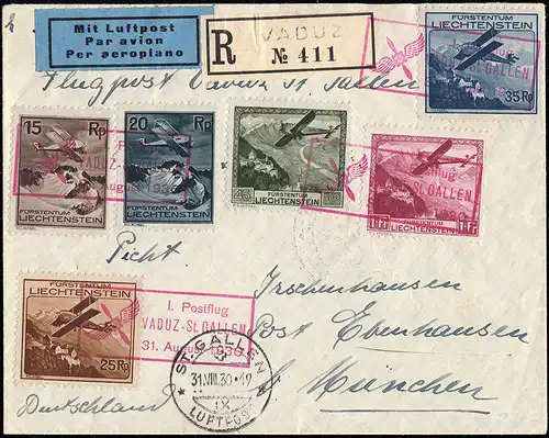 1. Postflug roter Kasten-SSt VADUZ-ST.GALLEN 31.8.1930, auf R-Brief mit 108-113 