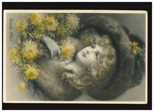 AK Femmes: femme blonde avec chapeau et fleurs jaunes, non utilisé