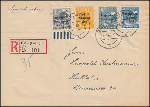 186+189+191 SBZ-Aufdrucke auf Orts-R-Brief HALLE (SAALE) 24.7.1948 - Farben!