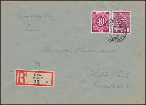 929 Conseil de contrôle 40 Pf avec SBZ 84 armoiries sur lettre R de la ville HALLE (SAALE) 14.3.46