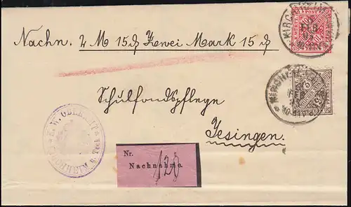 Württemberg Dienst 203+208 auf Nachnahme-Brief KIRCHHEIM u. TECK 6.2.1905