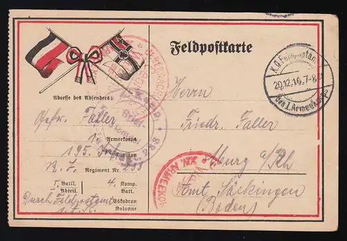 Feldpostkarte K.D. Feldpostamt 195. Inf.Regiment 299, Zensur 20.12.1916