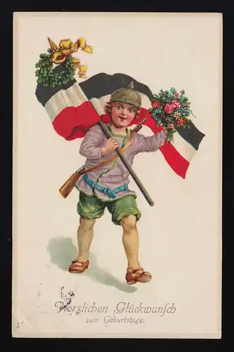 Junge Pickelhaube Flagge Blumenstrauß Glückwunsch Geburtstag, Dresden 31.5.1916