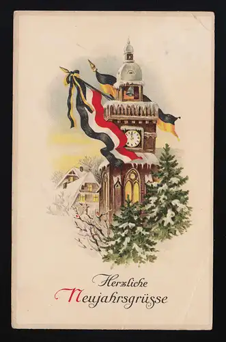 Herzliche Neujahrsgrüsse Uhrenturm Mitternacht Flaggen gelaufen 31.12.1917